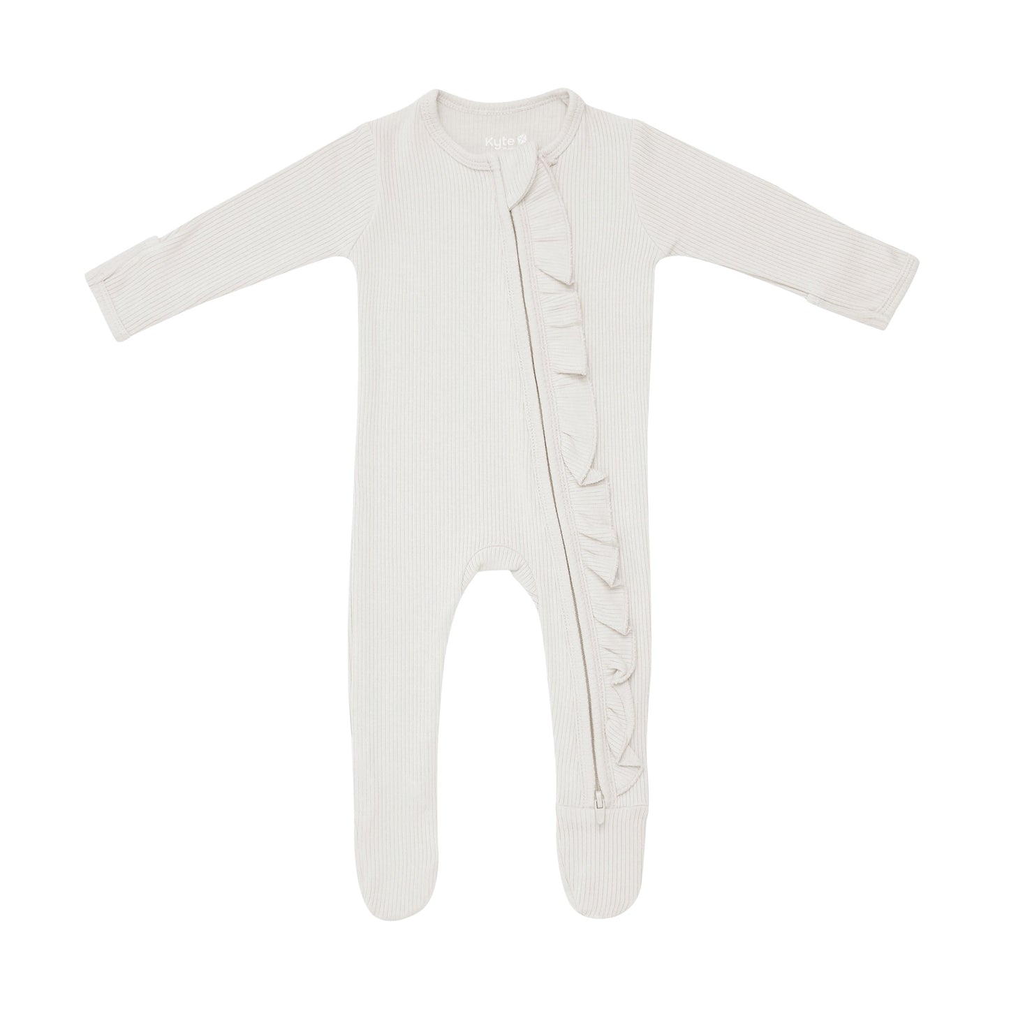 Ribbed Ruffle Zipper Footie in Oat