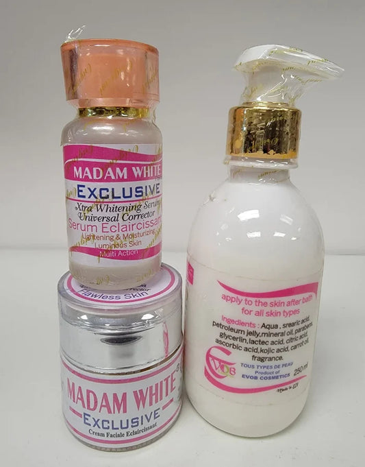 MADAM WHITE EXCLUSIVE XTRA WHITENING MILK + SERUM + FACE CREAM MADAM WHITE